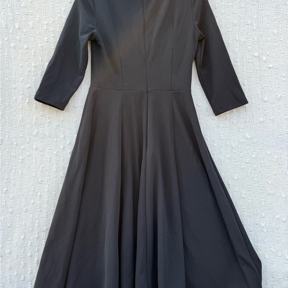 Women's Black A-line Fit Flare Midi Dress 3/4 Sleeve Elegant Zipper Modest - Picture 3 of 11